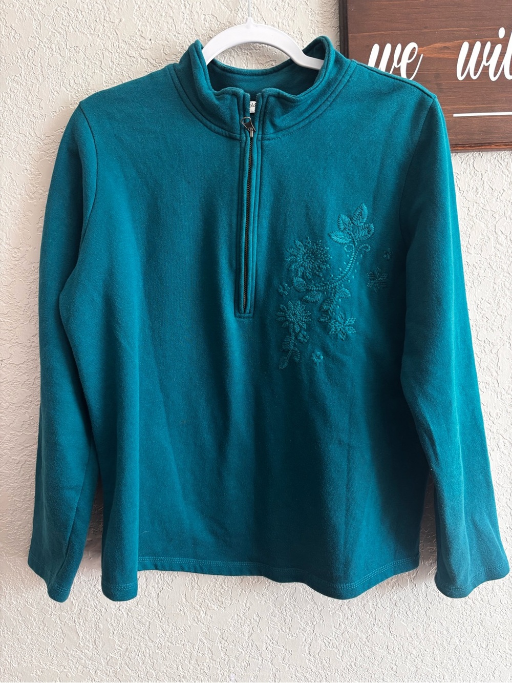 Coldwater Creek Teal Half-Zip Sweater with Floral Embroidery